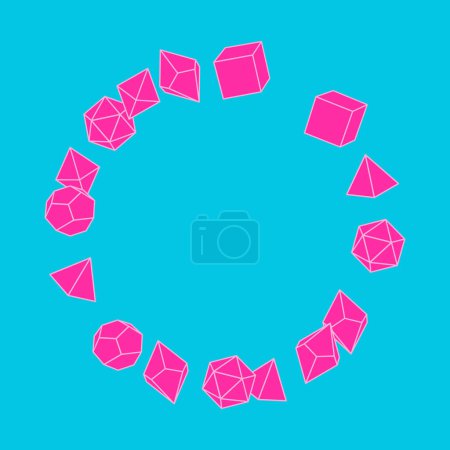 Illustration for Pink dice frame in round shape, hand drawn vector illustration. Blank template element for postcard or photo frame design. Dice for the game dnd. Abstract illustration. d20, 6, 4, 12, 8. Board game - Royalty Free Image