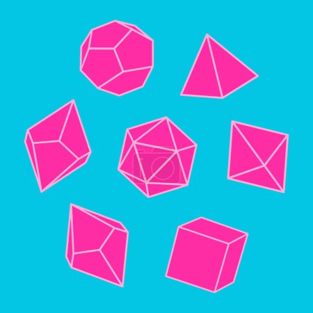 Illustration for Vector illustration of pink color dice for role playing games with four, six, eight, twelve and twenty faces. Dice set - Royalty Free Image