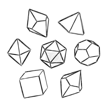 Illustration for Vector illustration of black color dice for role playing games with four, six, eight, twelve and twenty faces. Dice set. Doodle style - Royalty Free Image