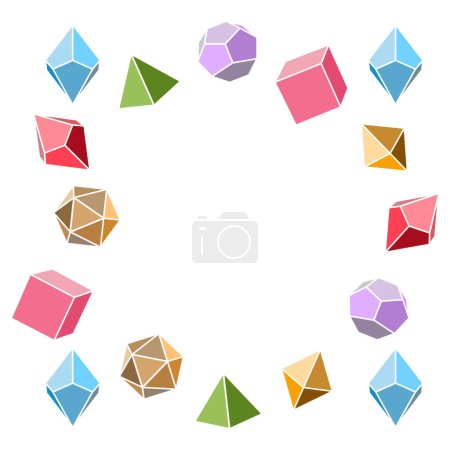 Illustration for Multicolored dice frame in square shape, hand drawn vector illustration. Blank template element for postcard or photo frame design. Dice for playing dnd. d20, 6, 4, 12, 8. Board game - Royalty Free Image