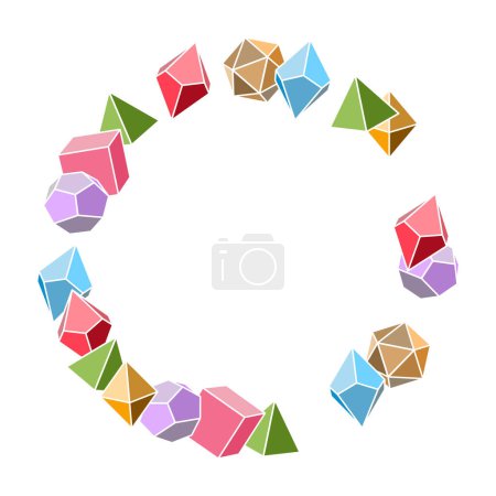 Illustration for Multicolored dice frame in round shape, hand drawn vector illustration. Blank template element for postcard or photo frame design. Dice for the game dnd. d20, 6, 4, 12, 8. Board game - Royalty Free Image