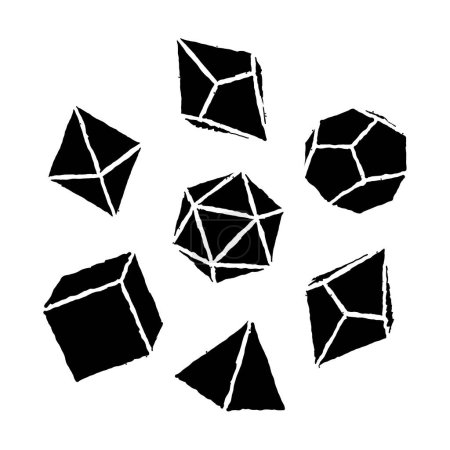 Illustration for Vector illustration of black color dice for role playing games with four, six, eight, twelve and twenty faces. Dice set - Royalty Free Image