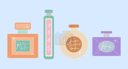 Illustration for Perfume bottles set. Vector illustration in trendy flat style. Pastel colors. Isolated on a blue background. - Royalty Free Image
