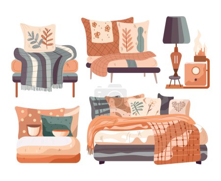 Illustration for Set of cozy bedroom furniture with pillows, plaid, armchair, lamp, coffee table. Vector illustration in cartoon style. - Royalty Free Image