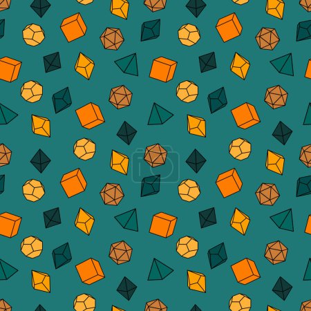 Illustration for Pattern of D 4, 6, 8, 10, 12 and 20 dice for board games. Seamless. For table mat. Dice for playing dnd. - Royalty Free Image