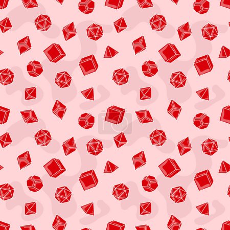Illustration for Seamless pattern of red dice for board games. Pattern of D 4, 6, 8, 10, 12 and 20 dice for board games. High quality illustration - Royalty Free Image