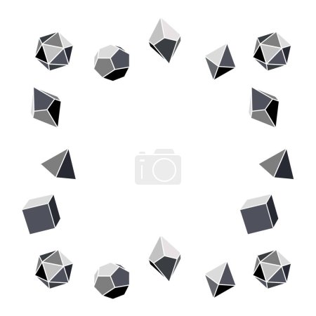 Square grayscale dice frame for DND RPGs with four, six, eight, twelve and twenty sides. Dungeons and Dragons dice in grayscale on a white background. Vector.
