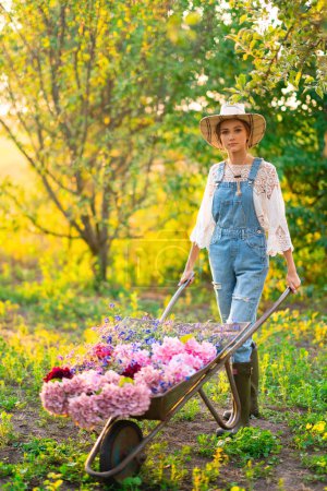 Photo for Beautiful blonde cowgirl in straw hat, checkered shirt and denim overall standing with wheelbarrow with flowers on green nature background. Colorful art work. - Royalty Free Image