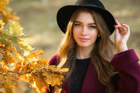 Téléchargez les photos : Gros plan portrait d'une belle fille en robe sombre et chapeau noir debout près de feuilles d'automne colorées. Oeuvre d'art de femme romantique. Jolie modèle de tendresse regardant la caméra. - en image libre de droit