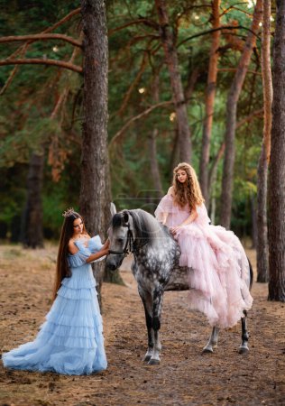 Téléchargez les photos : Deux belles adolescentes en longues robes roses et bleues glamour et des couronnes posant près de cheval gris dans la forêt de pins. Conte de fées histoire chaude sur les princesses - en image libre de droit