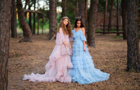 Foto de Dos hermosas adolescentes en vestidos largos de glamour rosa y azul y coronas posando cerca de caballo gris en el bosque de pinos. Cuento de hadas historia cálida sobre princesas - Imagen libre de derechos
