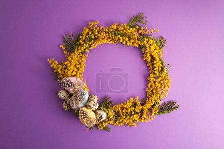 Photo for Wreath of mimosa flowers with easter eggs on purple background. High quality photo - Royalty Free Image