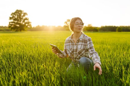 Photo for A woman farmer holds a digital tablet checking the quality of the crop in a sunset field. The concept of a rich harvest, gardening, ecology. - Royalty Free Image