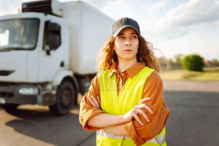 Foto de Ocupación de camioneros. Retrato de mujer conductor de camión en ropa casual de pie delante de los vehículos de camiones. Tema Industria del transporte. - Imagen libre de derechos