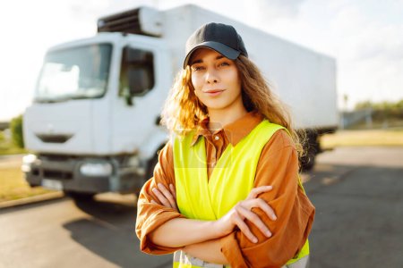 Foto de Ocupación de camioneros. Retrato de mujer conductor de camión en ropa casual de pie delante de los vehículos de camiones. Tema Industria del transporte. - Imagen libre de derechos