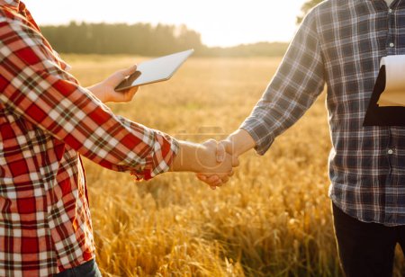 Handshake. Two farmer standing and shaking hands in a wheat field. Agricultural business.