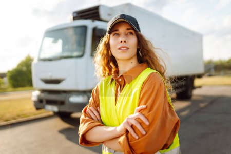 Photo for Woman Driver standing near truck. Transport industry theme. Logistic shipping. - Royalty Free Image