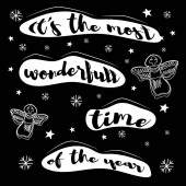 Its the most wonderful time of the year lettering phrase on the black background with angels and snowflakes. Vector isolated illustration, banner, card, pattern Poster #624834574