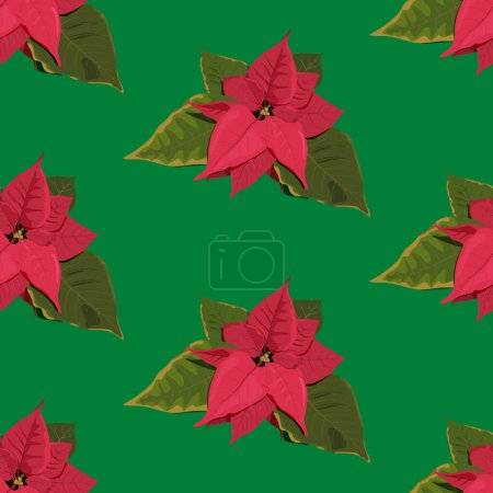 Illustration for Red Poinsettia flower and green leaves on the green background. Christmas decoration seamless pattern. Vector isolated illustration in flat style. Perfect for textile prints, kids design, decor, wrapping. - Royalty Free Image