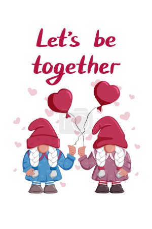 Cute Valentine Day couple of gnome girls with ballons in shape of heart. Vector isolated illustration, cartoon flat characters. Let be together quote. Template for greeting card, label, tag, print for clothes, decoration.