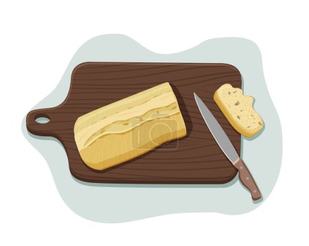Loaf of fresh white bread on a wooden cutting board with a slice of bread and a knife. Vector isolated illustration in a realistic flat style. For postcards, labels, design, banner, advertising