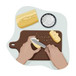 Hands of young person spread cream chese on a crispy slice of bread with knife on a wooden cutting board with crumbs from personal point of view. Process of cooking. Vector flat isolated concept