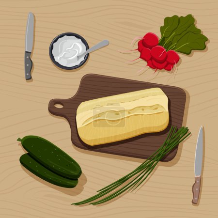 Illustration for Flatly of items for healthy sandwich on wooden table. Cutting board, white wheat bread, radishes, cucumbers, spring onions, khifes, bowl with cream cheese. Vector flat concept illustration - Royalty Free Image