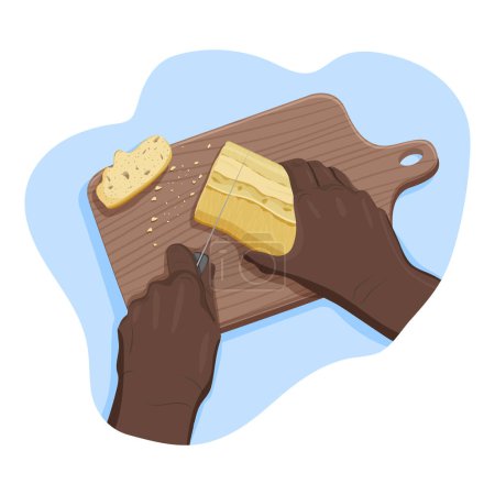 Hands of black lefyhand man cut crispy bread with knife on a wooden cutting board with crumbs from personal point of view. Process of cooking. Vector flat sketch isolated illustration. Concept. POV