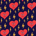 Hand drawn seamless pattern with angry hearts on dark blue baackground. Unique flat vector illustration with cute character and lighnings. Ideal for decoration, background, textile, wrapping paper