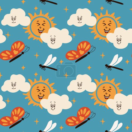 Kids vintage cartoon seamless pattern. Vector groovy characters sun, clouds, butterfly and dragonfly on blue background. Perfect for decoration, background, kids textile, wrapping