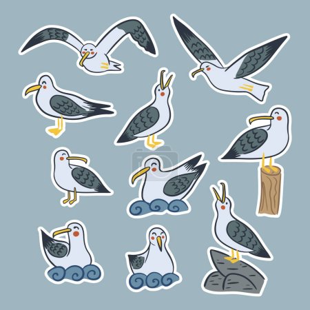 Illustration for Set of isolated seagull characters. Flat cartoon illustration of sea birds flying, standing and swimming. Outline elements with white outlines. Ideal for decoration, greeting cards, postcards, sticker - Royalty Free Image
