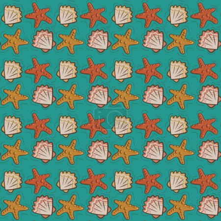 Cartoon pattern with seashells and starfish. Flat vector outline oceanic or marine elements on green background. Perfect for kids textile, wallpaper, wrapping, background, interior decor.