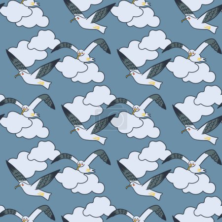 Illustration for Seamless pattern with cartoon seagulls in the sky and clouds. Outline vector flat sea birds on blue background Ideal for kids textile, wallpaper, wrapping, background, interior decoration, home design - Royalty Free Image