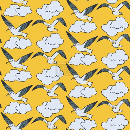 Illustration for Funny cartoon seagulls patternon yellow background. Hand drawn vector flat flying sea birds with clouds. Suitable for kids textile, wallpaper, wrapping, background, interior decoration - Royalty Free Image