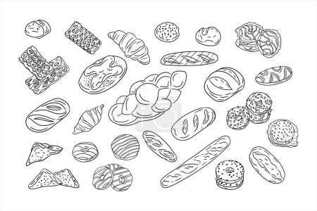 Big set of hand drawn doodle outline bakery. Vector isolated pastries and braed such as donut, croissant, baguette, craft bread, puff and buns. Unique hand drawn design Suitable for coloring pages