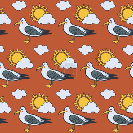 Illustration for Cuty cartoon seagull pattern with sun and clouds. Hand drawn vector flat standing sea bird on orange brick background. Ideal for kids textile, wallpaper, wrapping, background, kids decoration - Royalty Free Image