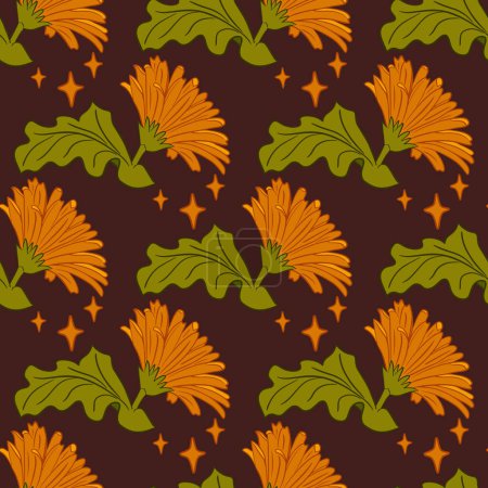 Stylish floral seamless pattern with gerberas. Yellow isolated flower with leaf and stars in flat outline style on dark background. Can be used as contemporary textile, wallpaper, wrapping paper