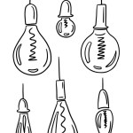 Set of hand drawn electric bulbs doodles. Vector isolated outline elements on white background. Different forms and sizes. Sketch design. Perfect for coloring pages, stickers, tatoo.