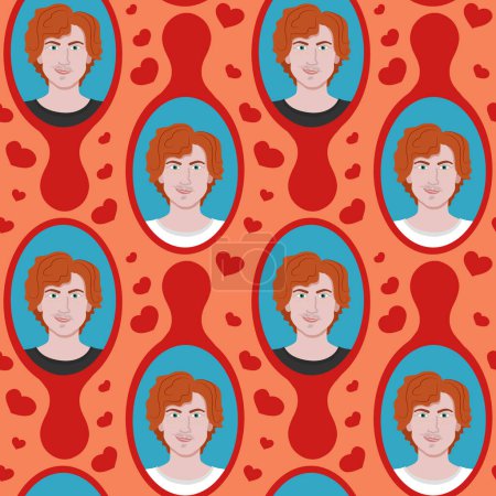 Illustration for Seamless pattern with heartthrob man in mirror. Red hair and green eyes smiling handsome man with heart. Concept illustration. Ideal for decoration, textile, wrapping, scrapbooking - Royalty Free Image