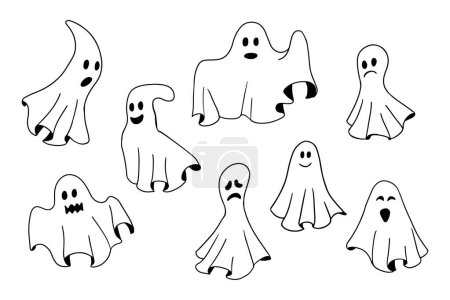 Illustration for Doodle collection of hand drawn outline ghosts. Sketch design for Halloween. Black sketch cartoon elements on white background. Good for coloring pages, stickers, tatoo. - Royalty Free Image