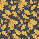 Flat hand drawn oak leaves seamless pattern on dark background. Vector isolated autumn yellow leaves and acorns. Cartoon botany design. Perfect for wrapping paper, textile, home decor