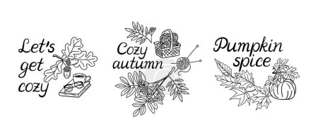 Illustration for Collection of hand drawn autumn season quotes or phrases with handwritting for greeting cards, banners, posters design. Lets get cozy, cozy autumn, pumpkin spice slogans. Black doodle elements - Royalty Free Image