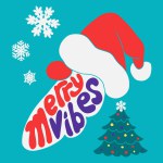 Christmas groovy retro typographic illustration with Christmas tree and silhouette of Santa Clause. Holiday flat composition with text Merry Vibes in Santas beard shape. Good for shirt print, poster