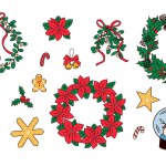 Christmas isolated clipart in flat cartoon style. Vector hand drawn cozy winter holiday decoration and sweets on white background. Good for Christmas decoration, stickers