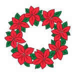 Flat cartoon Christmas wreath from poinsettia. Vector hand drawn cozy winter holiday decoration on white background. Good for Christmas decoration, stickers