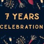 Celebration banner with text 7 Year. Dark theme. Flat composition for anniversary. Template of print design with celebrating elements with dotted texture on dark background