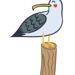 Funny flat hand drawn seagull staying on log. Sea bird in cartoon kawaii style. Summer holiday concept character. Ideal for sea style decoration, sticker,