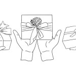 Contour hand drawn doodle set with hands and gifts. Tiny hands giving present on holiday. Christmas, Valentines, birthday concept compositions. Ideal for tattoo, sticker, decoration, printout