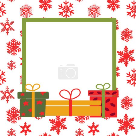 Illustration for Vector winter holiday frame template with gift boxes. Red snowflakes on white background. Square composition. Good for social media, background, post, greeting card. - Royalty Free Image