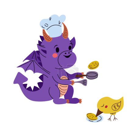 Illustration for Cute hand drawn dragon baking pancakes with chicken. Vector isolated drawing in flat cartoon style. Trendy illustration for sticker, decoration. Symbol of the year - Royalty Free Image